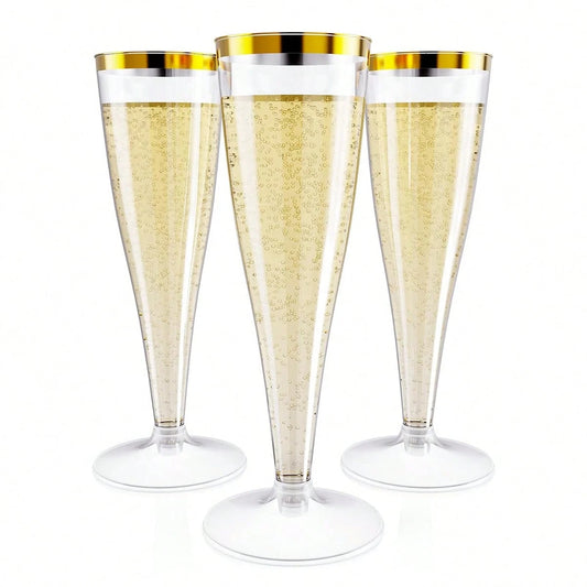 25/50pcs Elegant Reusable Plastic Champagne Flutes- 4.5oz Gold Rim Wine Drinking Glasses, Durable & Stylish For Weddings, Bars, Restaurants, Parties, Thanksgiving, Christmas, Halloween, New Year Part