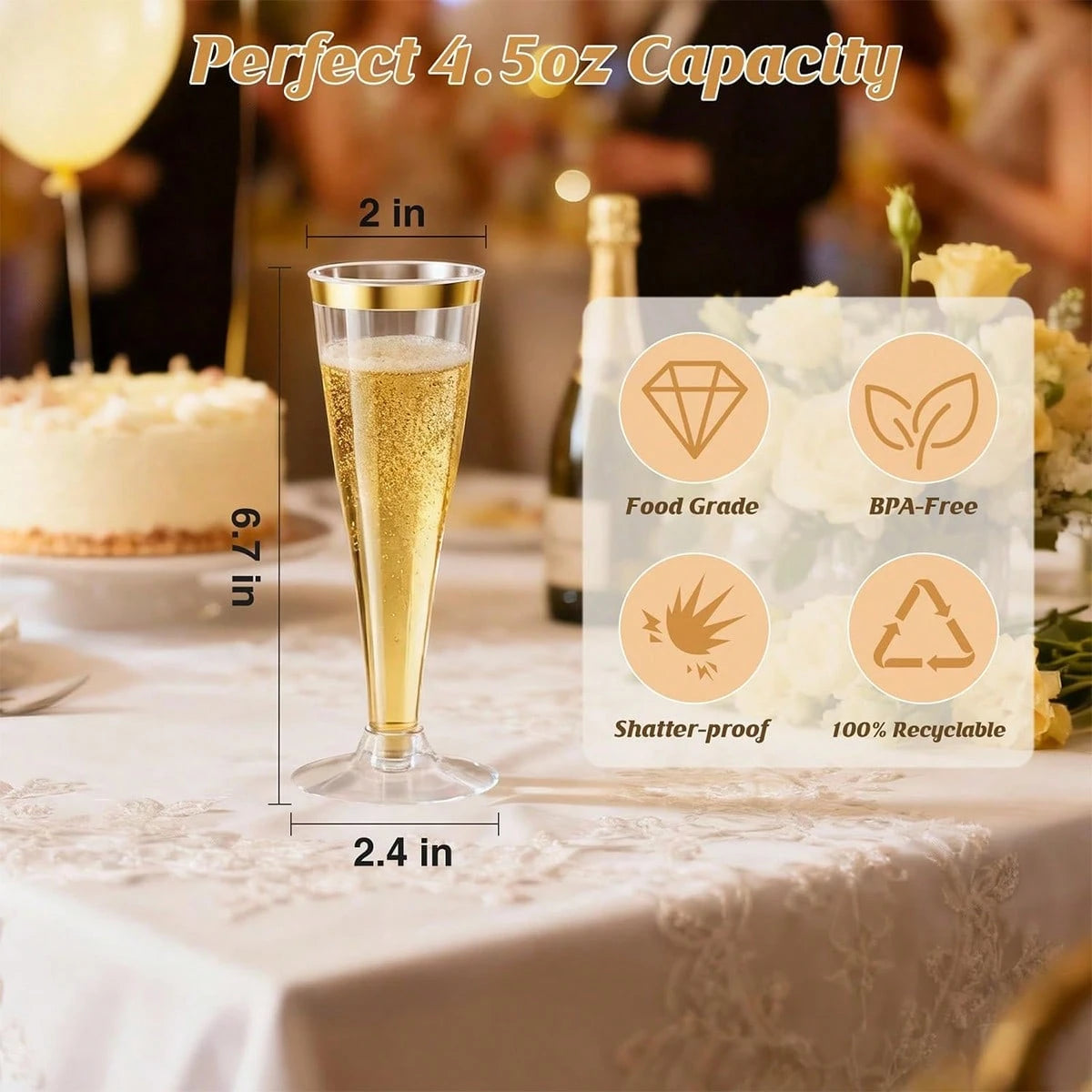 25/50pcs Elegant Reusable Plastic Champagne Flutes- 4.5oz Gold Rim Wine Drinking Glasses, Durable & Stylish For Weddings, Bars, Restaurants, Parties, Thanksgiving, Christmas, Halloween, New Year Part