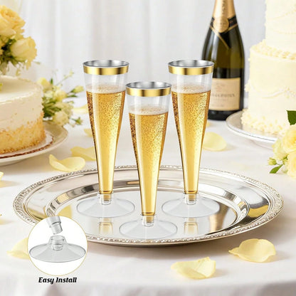 25/50pcs Elegant Reusable Plastic Champagne Flutes- 4.5oz Gold Rim Wine Drinking Glasses, Durable & Stylish For Weddings, Bars, Restaurants, Parties, Thanksgiving, Christmas, Halloween, New Year Part