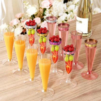 25/50pcs Elegant Reusable Plastic Champagne Flutes- 4.5oz Gold Rim Wine Drinking Glasses, Durable & Stylish For Weddings, Bars, Restaurants, Parties, Thanksgiving, Christmas, Halloween, New Year Part