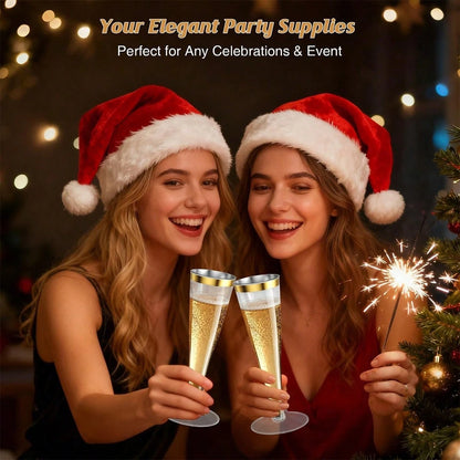 25/50pcs Elegant Reusable Plastic Champagne Flutes- 4.5oz Gold Rim Wine Drinking Glasses, Durable & Stylish For Weddings, Bars, Restaurants, Parties, Thanksgiving, Christmas, Halloween, New Year Part