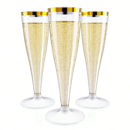 25/50pcs Elegant Reusable Plastic Champagne Flutes- 4.5oz Gold Rim Wine Drinking Glasses, Durable & Stylish For Weddings, Bars, Restaurants, Parties, Thanksgiving, Christmas, Halloween, New Year Part