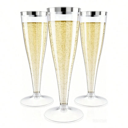 25/50pcs Elegant Reusable Plastic Champagne Flutes- 4.5oz Gold Rim Wine Drinking Glasses, Durable & Stylish For Weddings, Bars, Restaurants, Parties, Thanksgiving, Christmas, Halloween, New Year Part