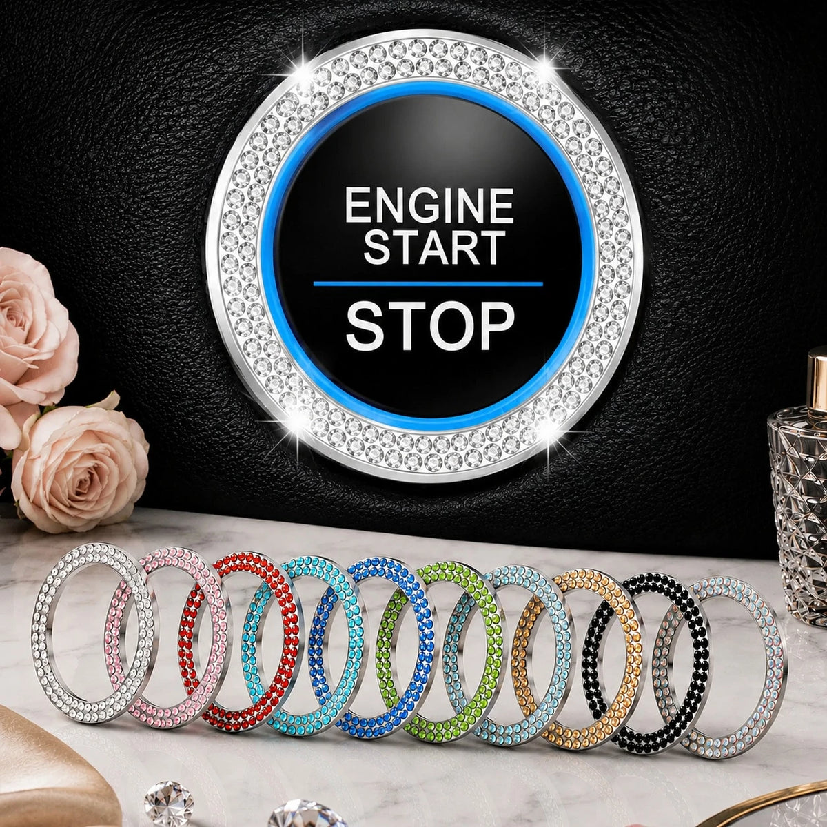 2pcs Black Rhinestone Car Engine Start/Stop Button Ring, Shiny Crystal One-Touch Start Button Decorative Cover, Universal Car Interior Accessory