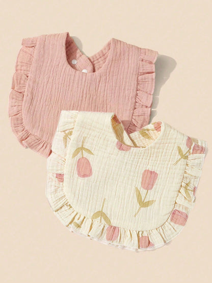 2pcs Infant Bibs With Ruffle Trim Decor, Lace Edging Pure Cotton Soft Drool Scarf