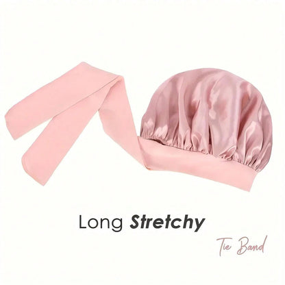 2pcs/Set "Spacious Space" Luxurious Solid Color Satin Bonnet With Satin Scrunchies Large Soft Y Bonnet For Sleeping Satin Hair Bonnet Night Cap Hair Care Hat With Tie Band Bonnets