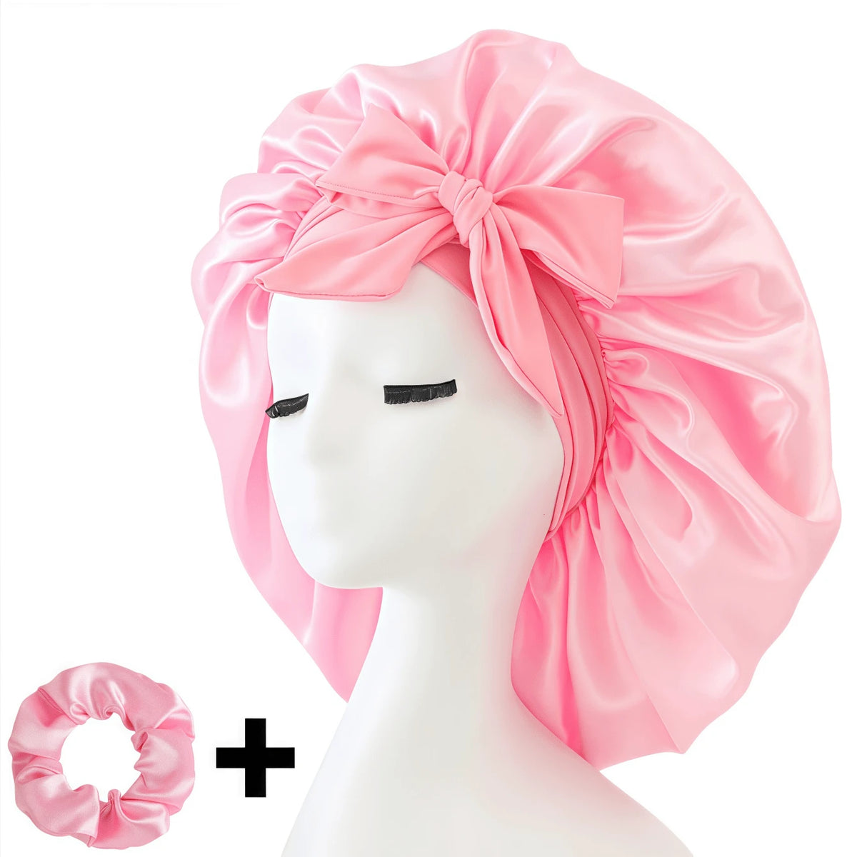 2pcs/Set "Spacious Space" Luxurious Solid Color Satin Bonnet With Satin Scrunchies Large Soft Y Bonnet For Sleeping Satin Hair Bonnet Night Cap Hair Care Hat With Tie Band Bonnets