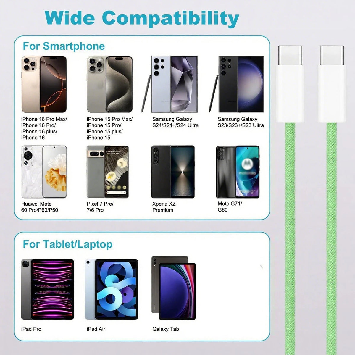 3.3/6.6/10ft USB-C To Type-C Fast Charging Data Cable, Nylon Braided, Compatible With IPhone 17/16/15/Pro/Pro Max/IPad, And Other Android Phones, Supports 60W~18W Fast Charging, Suitable For Indoor/Ou