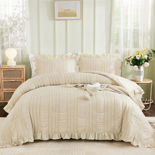 3 Piece Comforter Set Twin,Full,Queen,King,Beige Textured Bedding Set With 1 Ruffle Comforter, 2 Tufted Pillowcases,Wedding Items,Valentines Day Home Bed Room Decor,Christmas Day Gift,All Season
