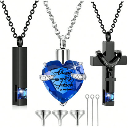 3 Pieces Cremation Urn Necklace For Ashes Vertical Bar Cross, Heart Crystal Necklace Urn Stainless Steel Waterproof Memorial Pendant Cremation Jewelry