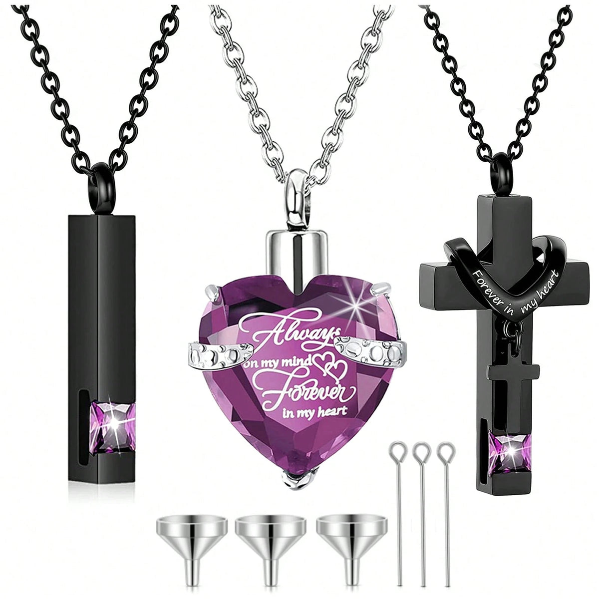 3 Pieces Cremation Urn Necklace For Ashes Vertical Bar Cross, Heart Crystal Necklace Urn Stainless Steel Waterproof Memorial Pendant Cremation Jewelry