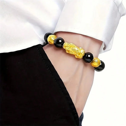 3pcs Feng Shui Lucky Wealth Attraction Bracelets- Natural Stone & Obsidian Beads With Golden Accents Unisex Jewelry For Men & Women