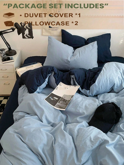 3pcs Light Blue & Dark Blue Super Soft Reversible Bedding Set, 1 Duvet Cover, 2 Pillow Shams, Suitable For Dorm Room Or Bedroom, Machine Washable