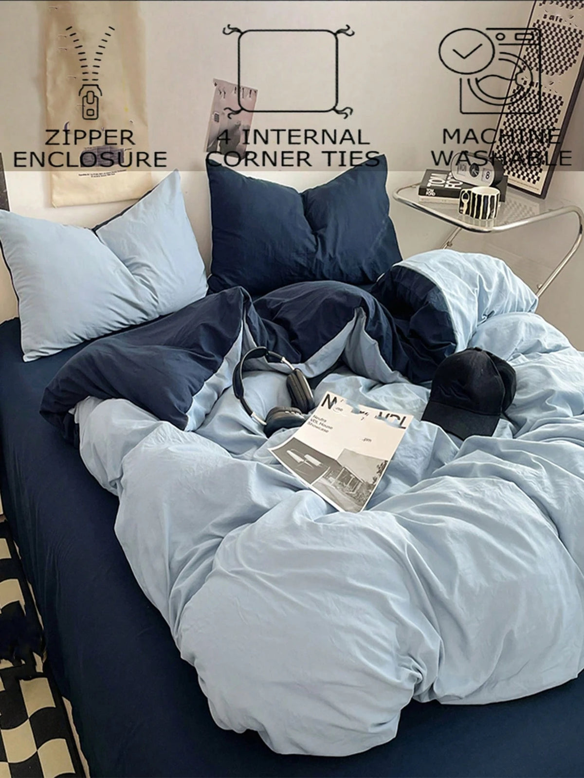 3pcs Light Blue & Dark Blue Super Soft Reversible Bedding Set, 1 Duvet Cover, 2 Pillow Shams, Suitable For Dorm Room Or Bedroom, Machine Washable
