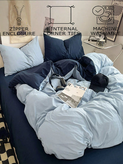 3pcs Light Blue & Dark Blue Super Soft Reversible Bedding Set, 1 Duvet Cover, 2 Pillow Shams, Suitable For Dorm Room Or Bedroom, Machine Washable