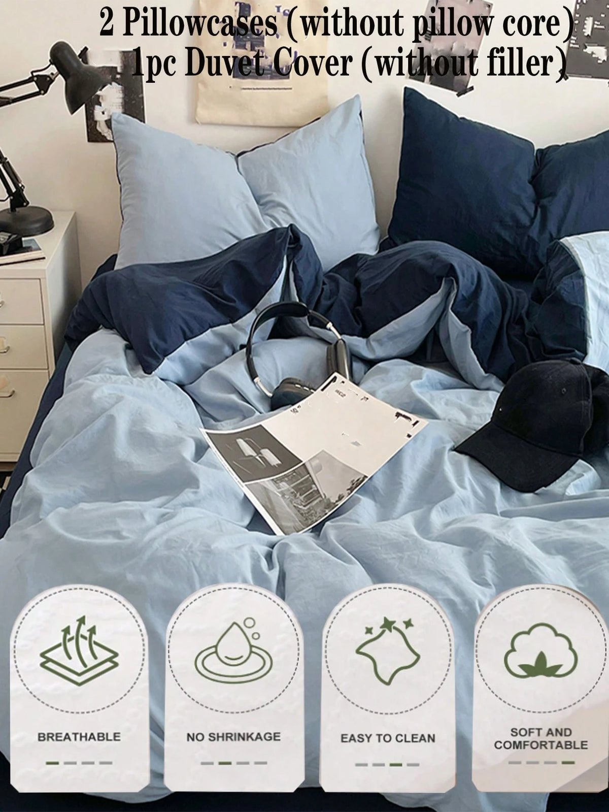 3pcs Light Blue & Dark Blue Super Soft Reversible Bedding Set, 1 Duvet Cover, 2 Pillow Shams, Suitable For Dorm Room Or Bedroom, Machine Washable