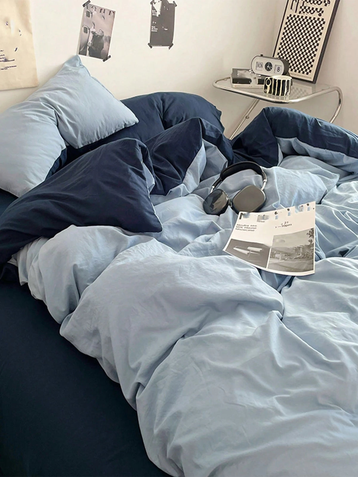 3pcs Light Blue & Dark Blue Super Soft Reversible Bedding Set, 1 Duvet Cover, 2 Pillow Shams, Suitable For Dorm Room Or Bedroom, Machine Washable