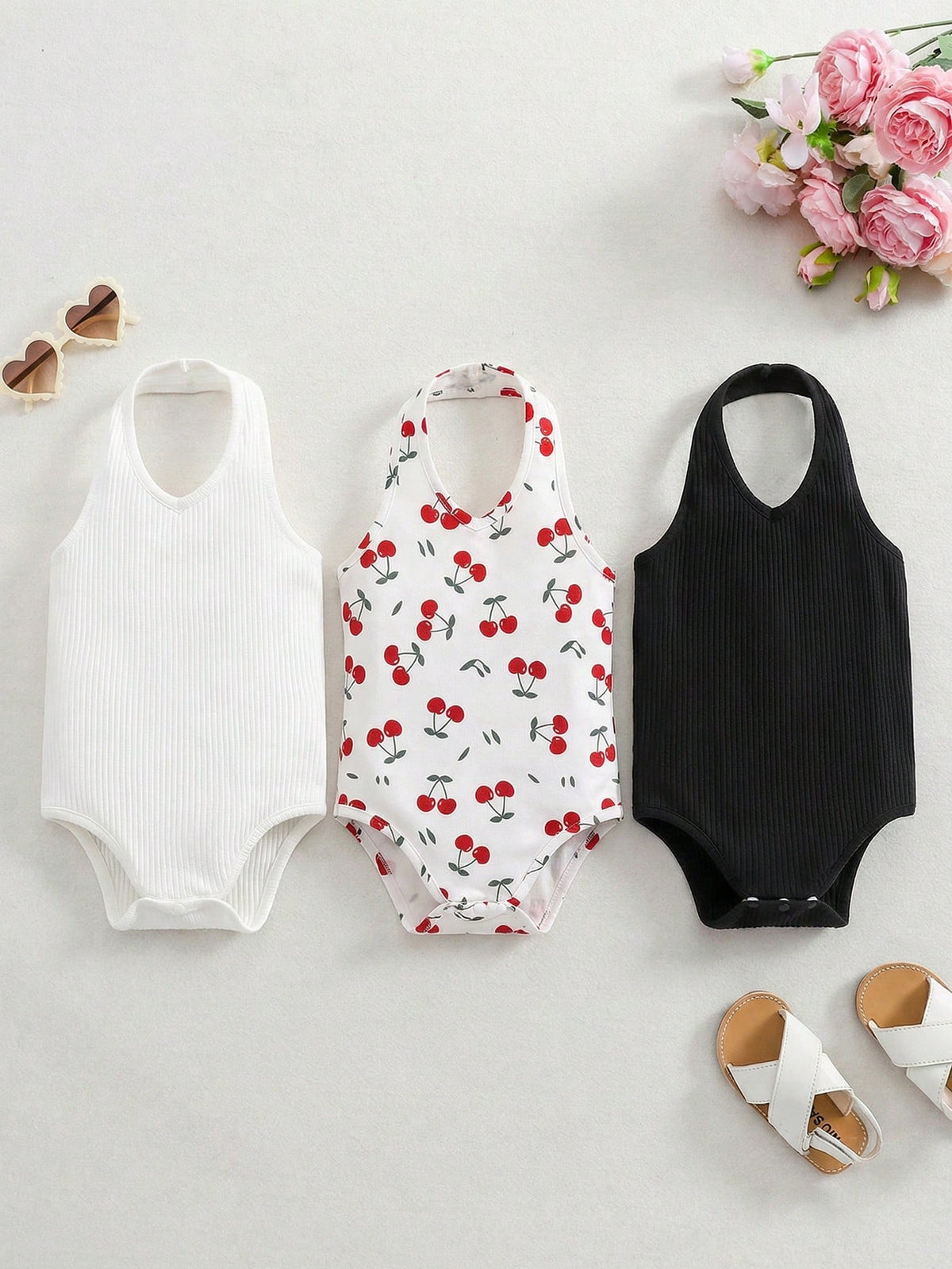 3pcs/Set Cute Solid Color Knit Camisole Romper For Baby Girls, Summer