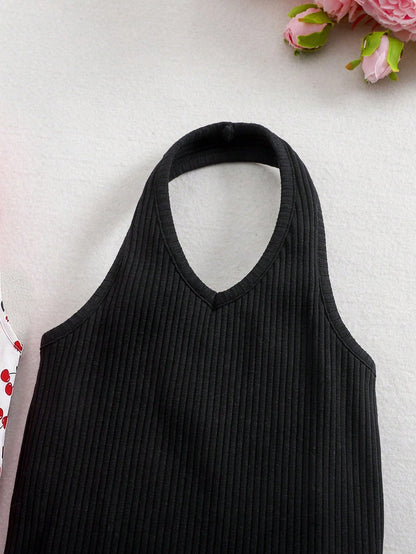 3pcs/Set Cute Solid Color Knit Camisole Romper For Baby Girls, Summer