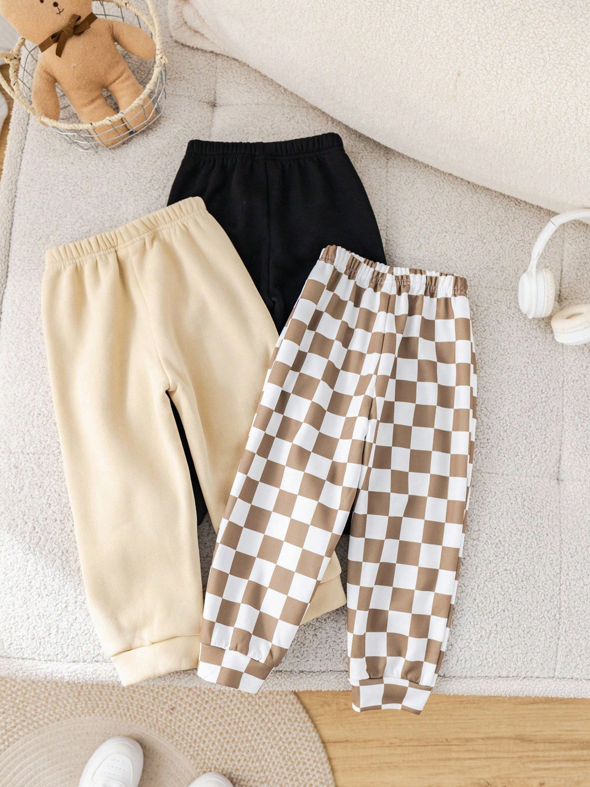 3pcs/Set Young Boy Casual School Style Comfortable Solid & Plaid Pattern Thermal Lined Pants,Versatile Autumn/Winter Checkered Joggers Winter Pants