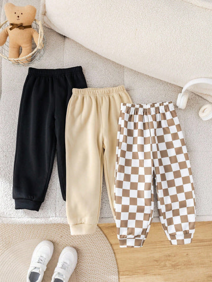 3pcs/Set Young Boy Casual School Style Comfortable Solid & Plaid Pattern Thermal Lined Pants,Versatile Autumn/Winter Checkered Joggers Winter Pants