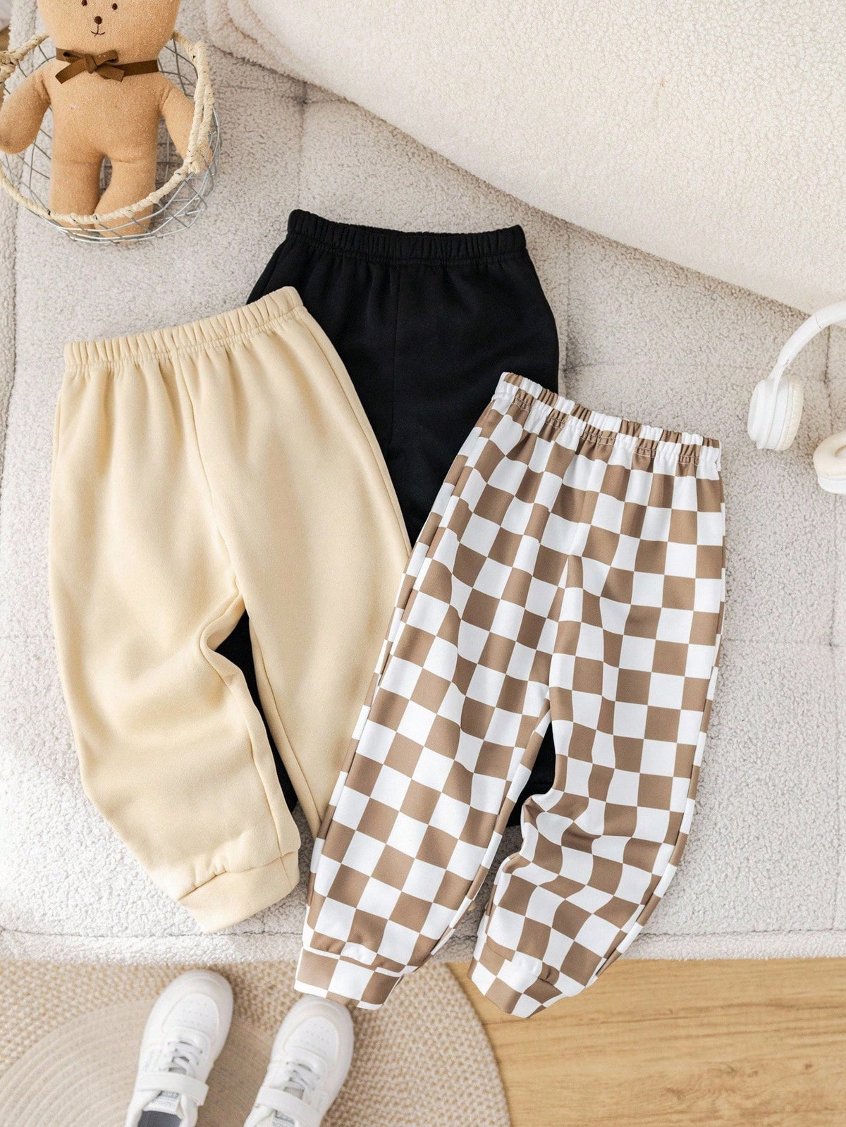 3pcs/Set Young Boy Casual School Style Comfortable Solid & Plaid Pattern Thermal Lined Pants,Versatile Autumn/Winter Checkered Joggers Winter Pants