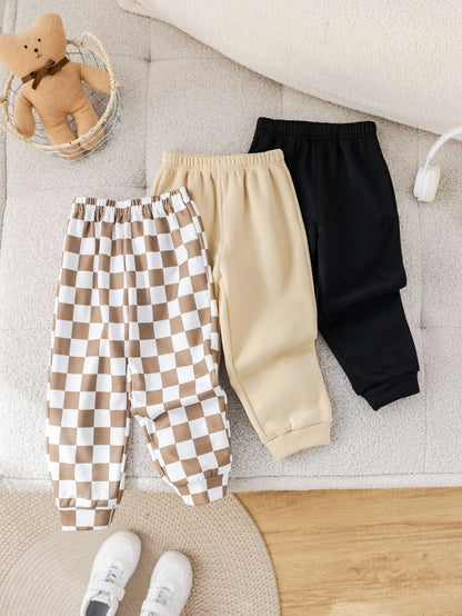 3pcs/Set Young Boy Casual School Style Comfortable Solid & Plaid Pattern Thermal Lined Pants,Versatile Autumn/Winter Checkered Joggers Winter Pants