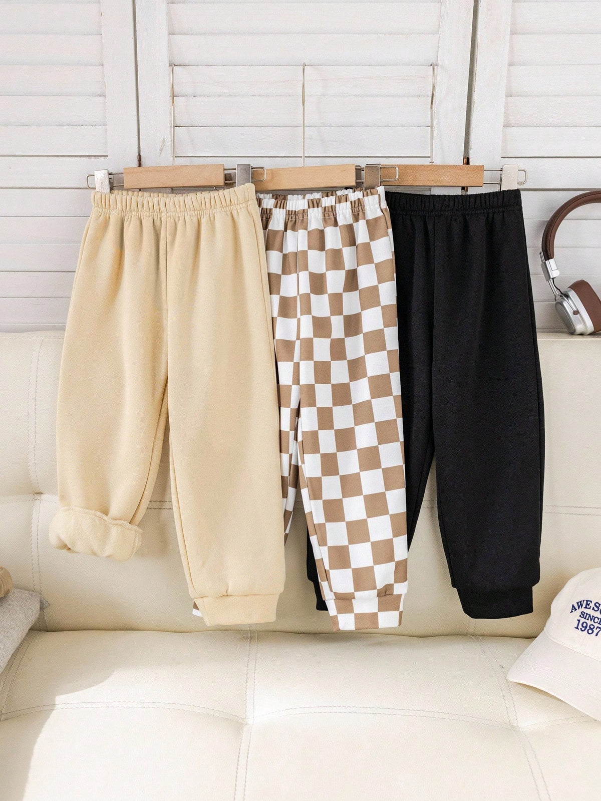 3pcs/Set Young Boy Casual School Style Comfortable Solid & Plaid Pattern Thermal Lined Pants,Versatile Autumn/Winter Checkered Joggers Winter Pants