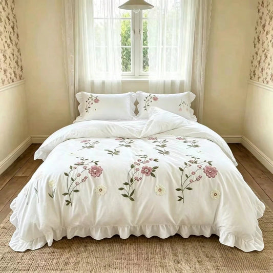 3Pcs Soft & Comfortable Quality Fabric Duvet Cover Set (1Pc Duvet Cover + 2Pcs Pillowcases, Without Filler), Delicate Coarse Thread Embroidered Floral Design With Ruffle Trim, Available In Single, Dou