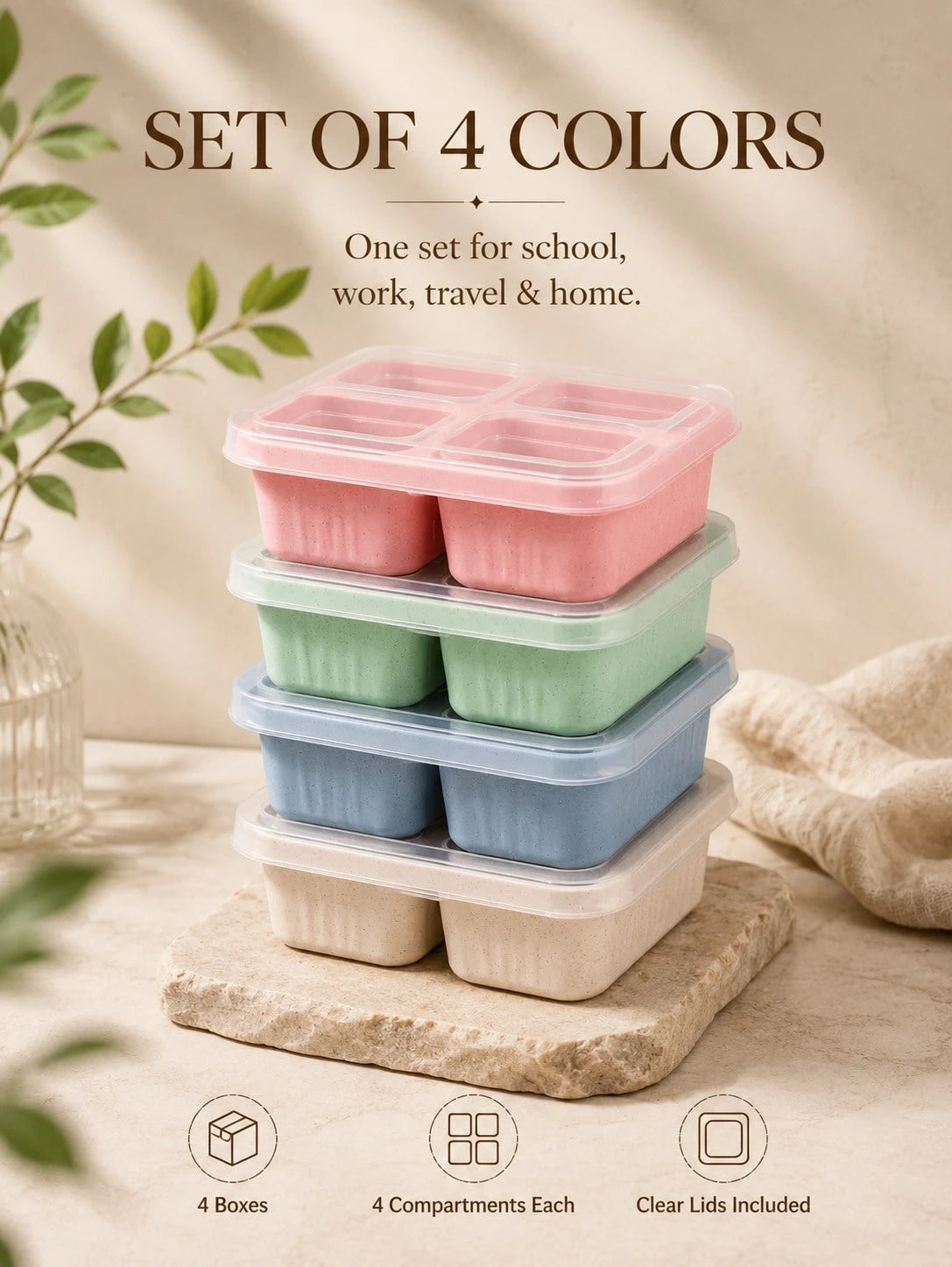 4 Pack Snackle Box Bento Lunch Containers With Clear Lids, 4-Compartment Divided Snack Boxes, Reusable Food Storage Containers For Kids School Lunch, Meal Prep, Fruit, Veggies, Nuts, Travel, Picnic, C