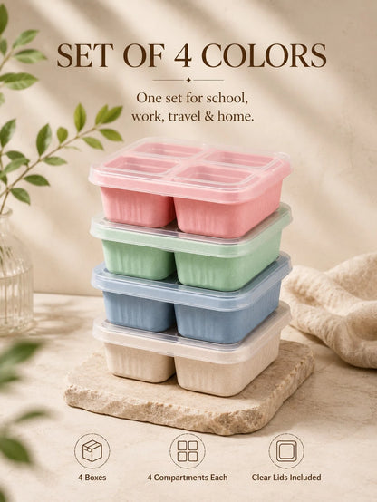 4 Pack Snackle Box Bento Lunch Containers With Clear Lids, 4-Compartment Divided Snack Boxes, Reusable Food Storage Containers For Kids School Lunch, Meal Prep, Fruit, Veggies, Nuts, Travel, Picnic, C