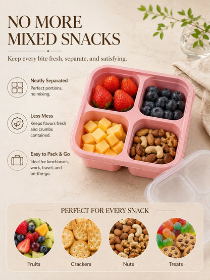 4 Pack Snackle Box Bento Lunch Containers With Clear Lids, 4-Compartment Divided Snack Boxes, Reusable Food Storage Containers For Kids School Lunch, Meal Prep, Fruit, Veggies, Nuts, Travel, Picnic, C