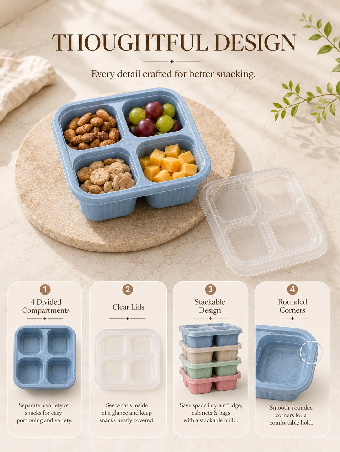 4 Pack Snackle Box Bento Lunch Containers With Clear Lids, 4-Compartment Divided Snack Boxes, Reusable Food Storage Containers For Kids School Lunch, Meal Prep, Fruit, Veggies, Nuts, Travel, Picnic, C