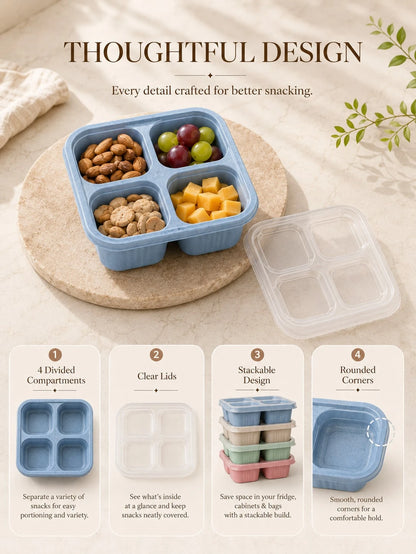 4 Pack Snackle Box Bento Lunch Containers With Clear Lids, 4-Compartment Divided Snack Boxes, Reusable Food Storage Containers For Kids School Lunch, Meal Prep, Fruit, Veggies, Nuts, Travel, Picnic, C
