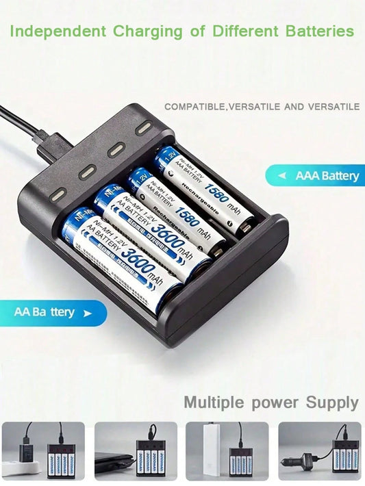 4-Slot USB AA/AAA Battery Charger, High-Current Fast Charging, Green LED Full Charge Indicator, Overcharge Protection, ≤36V Working Voltage, USB Powered (Batteries Not Included)