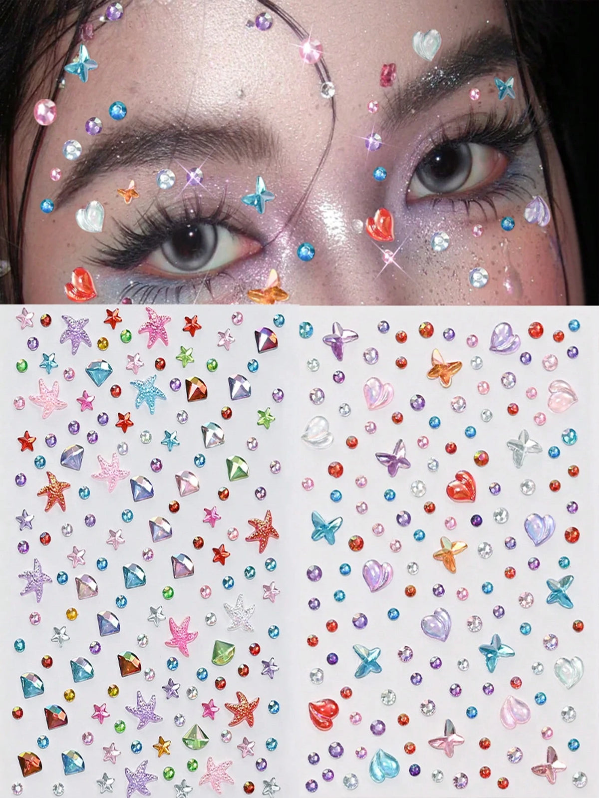 451pcs 3D Summer Rainbow Glitter Rhinestone Stickers, 2pcs Shiny Heart Shaped Sequin Self-Adhesive Rhinestone Stickers, Heart Design Suitable For Makeup And Clothing, Multicolor Diamond Face Decor Sui