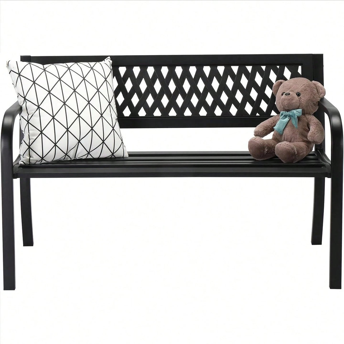 47'' Outdoor Bench, Weather Resistant Garden Patio Bench Powder Coated Iron Frame W/PVC Mesh Backrest Slatted Seat, 2-Person Outdoor Furniture For Front Porch Entryway Park (Black)