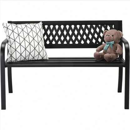 47'' Outdoor Bench, Weather Resistant Garden Patio Bench Powder Coated Iron Frame W/PVC Mesh Backrest Slatted Seat, 2-Person Outdoor Furniture For Front Porch Entryway Park (Black)