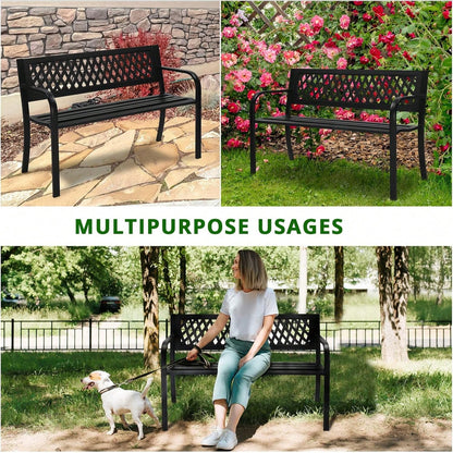 47'' Outdoor Bench, Weather Resistant Garden Patio Bench Powder Coated Iron Frame W/PVC Mesh Backrest Slatted Seat, 2-Person Outdoor Furniture For Front Porch Entryway Park (Black)