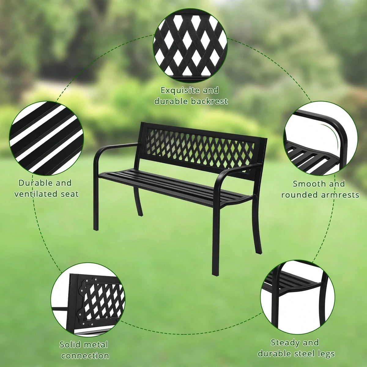 47'' Outdoor Bench, Weather Resistant Garden Patio Bench Powder Coated Iron Frame W/PVC Mesh Backrest Slatted Seat, 2-Person Outdoor Furniture For Front Porch Entryway Park (Black)