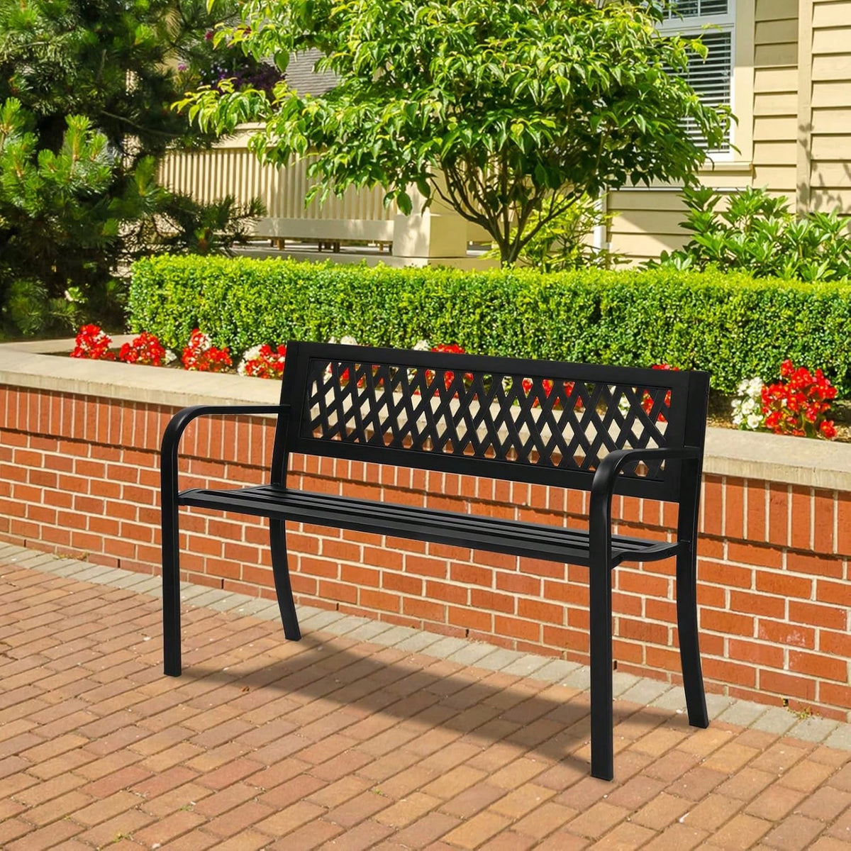 47'' Outdoor Bench, Weather Resistant Garden Patio Bench Powder Coated Iron Frame W/PVC Mesh Backrest Slatted Seat, 2-Person Outdoor Furniture For Front Porch Entryway Park (Black)