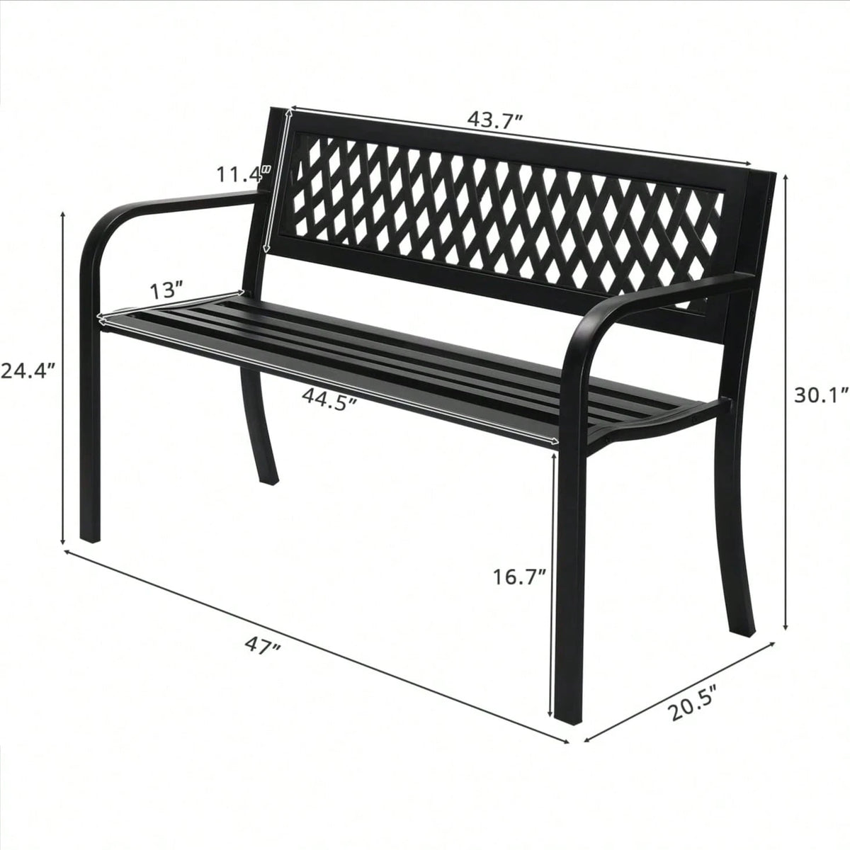 47'' Outdoor Bench, Weather Resistant Garden Patio Bench Powder Coated Iron Frame W/PVC Mesh Backrest Slatted Seat, 2-Person Outdoor Furniture For Front Porch Entryway Park (Black)