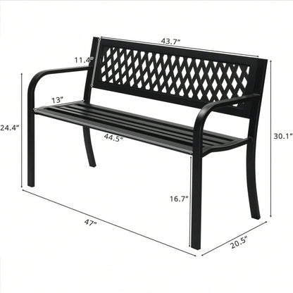 47'' Outdoor Bench, Weather Resistant Garden Patio Bench Powder Coated Iron Frame W/PVC Mesh Backrest Slatted Seat, 2-Person Outdoor Furniture For Front Porch Entryway Park (Black)