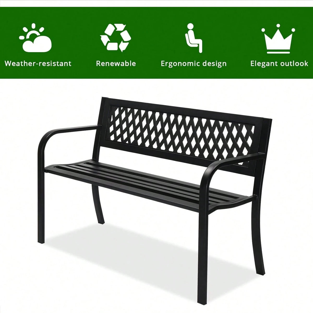 47'' Outdoor Bench, Weather Resistant Garden Patio Bench Powder Coated Iron Frame W/PVC Mesh Backrest Slatted Seat, 2-Person Outdoor Furniture For Front Porch Entryway Park (Black)