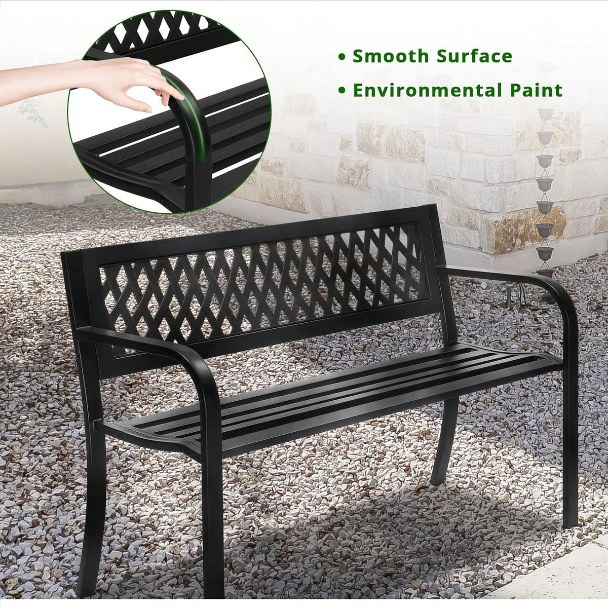 47'' Outdoor Bench, Weather Resistant Garden Patio Bench Powder Coated Iron Frame W/PVC Mesh Backrest Slatted Seat, 2-Person Outdoor Furniture For Front Porch Entryway Park (Black)