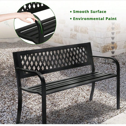 47'' Outdoor Bench, Weather Resistant Garden Patio Bench Powder Coated Iron Frame W/PVC Mesh Backrest Slatted Seat, 2-Person Outdoor Furniture For Front Porch Entryway Park (Black)