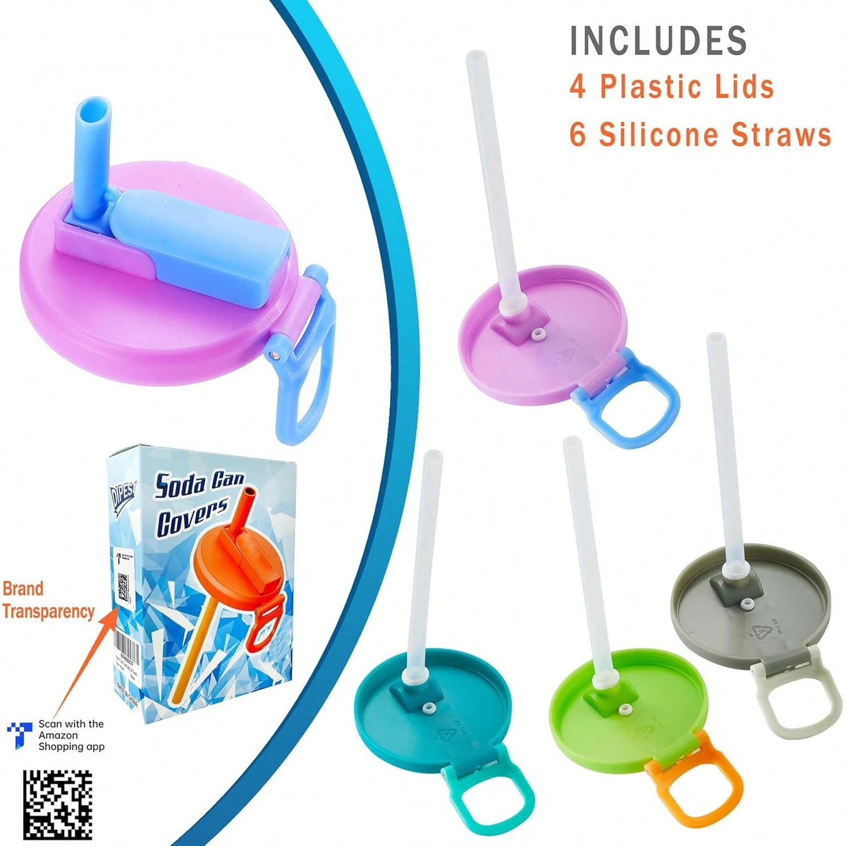4PCS 4 Color Soda Can Lids With Straw, Soda Can Covers With Silicone Straw Reusable For Fits Standard For Canned Beverage, Beer, Juice,Seltzer. (4 Colour Mixture)
