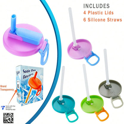 4PCS 4 Color Soda Can Lids With Straw, Soda Can Covers With Silicone Straw Reusable For Fits Standard For Canned Beverage, Beer, Juice,Seltzer. (4 Colour Mixture)