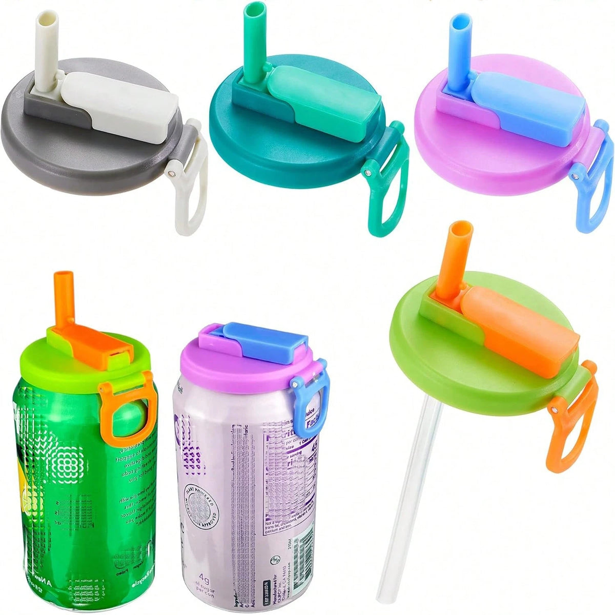 4PCS 4 Color Soda Can Lids With Straw, Soda Can Covers With Silicone Straw Reusable For Fits Standard For Canned Beverage, Beer, Juice,Seltzer. (4 Colour Mixture)