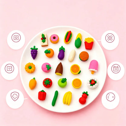 5/10/30pcs Random Style Cute Food Pattern Eraser Set- Mini Fruit, Vegetable, Dessert Pattern Erasers, For Classroom Rewards And Party Favors, Collectible Desk Decor- Various Fun Food-Shaped Statione